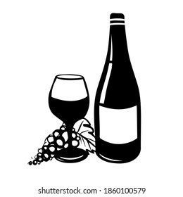 Wine bottle with wine glass and grape icon isolated on white background