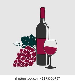 Wine bottle with wine glass and grape isolated on white background. Vector illustration
