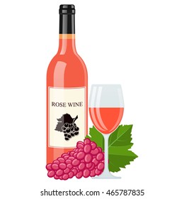 Wine bottle with glass and grape leaves