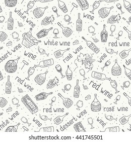 Wine bottle, glass, grape vine vector seamless pattern. Hand drawn drink illustration.