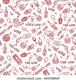 Wine bottle, glass, grape vine vector seamless pattern. Hand drawn drink illustration.