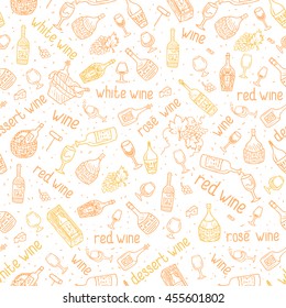 Wine bottle, glass, grape vine vector seamless pattern. Hand drawn drink illustration.