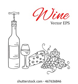 Wine bottle, glass, grapes and cheese  isolated on white background, vector illustration, hand drawn doodle sketch. 