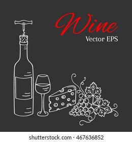 Wine bottle  glass  grapes   cheese  isolated chalkboard  background  vector illustration  hand drawn doodle sketch  