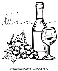 Wine Bottle And Glass, Grapes, Hand Drawn Vector