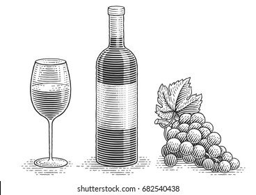 Wine bottle, glass of wine and grapes. Hand drawn engraving style illustrations. 