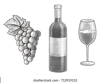Wine bottle, glass of wine and grapes. Hand drawn engraving style illustrations. 