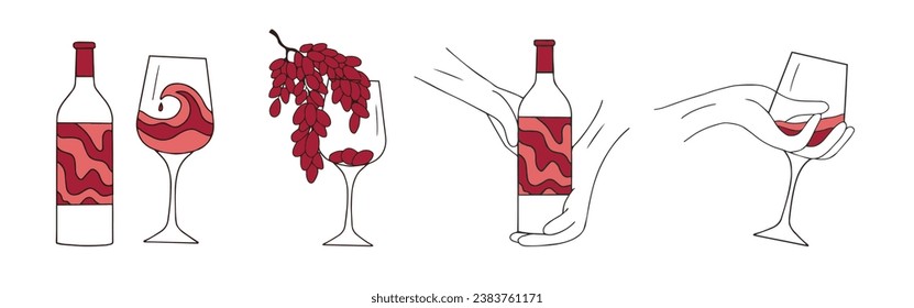 Wine bottle, glass and grapes isolated on white. Vector illustration.