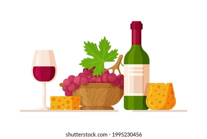 Wine bottle with glass and grapes. Vector illustration of wine concept. 
