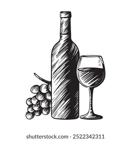 Botella de vino y copa de vino y uvas. Ilustración vectorial.