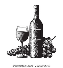 Wine bottle and glass of wine and grapes. Vector illustration.