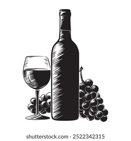 Garrafa de vinho e copo de vinho e uvas. Ilustração vetorial.