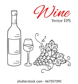 Wine bottle, glass and grapes vector illustration isolated on white background, hand drawn doodle sketch. 