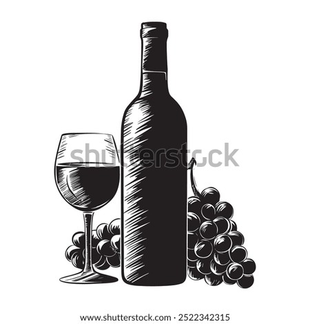 Wine bottle and glass of wine and grapes. Vector illustration.