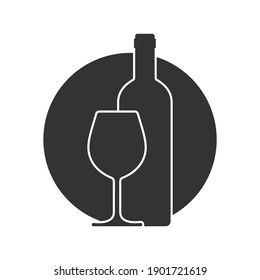 Wine bottle and glass graphic icon. Wine production sign in the circle isolated on white background. Vector illustration