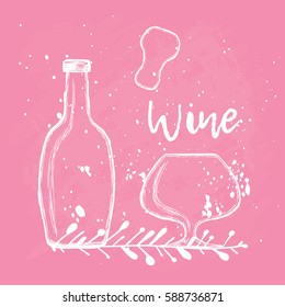 Wine. Bottle and glass. Hand drawing illustration with chalk on a board. calligraphy