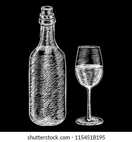 Wine bottle and a glass of wine. Hand drawn sketch in grunge style on black background. Vector illustration
