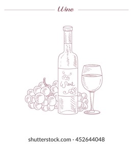 Wine Bottle And Glass Hand Drawn Realistic Detailed Sketch In Beautiful Classy Style On White Background