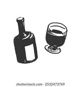 Wine Bottle and Glass. A hand-drawn illustration of a wine bottle and a glass, both filled with dark liquid. The image is in black and white and has a vintage, sketch-like style.