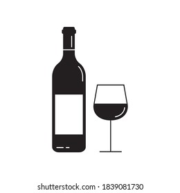 Wine bottle with wine  glass icon. Alcohol symbol. Vector illustration.