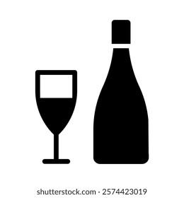 Wine Bottle and Glass Icon in Black