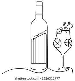 Botella de vino y icono de copa de vino Ilustración vectorial de contorno de dibujo de una línea continua