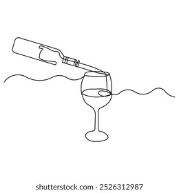 Wine bottle and wine glass icon continuous one line drawing outline vector illustration