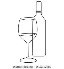Wine bottle and wine glass icon continuous one line drawing outline vector illustration