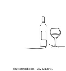 Wine bottle and wine glass icon continuous one line drawing outline vector illustration