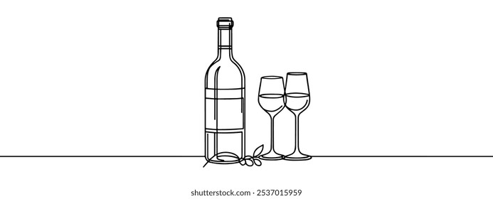 Wine bottle and wine glass icon continuous one line drawing outline vector illustration