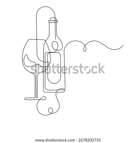 Wine bottle and wine glass icon continuous one line drawing outline vector illustration