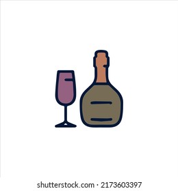 Botella de vino e Icono de vidrio Ilustración material sobre fondo blanco