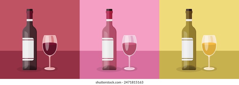 Wine bottle with glass icon in flat style. Alcohol drink vector illustration on isolated background. Champagne beverage sign business concept.