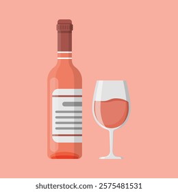 Wine bottle with glass icon in flat style. Alcohol drink vector illustration on isolated background. Champagne beverage sign business concept.