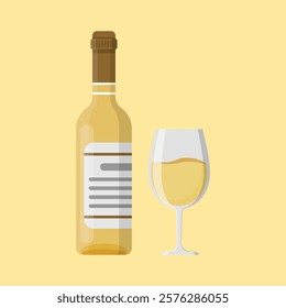 Wine bottle with glass icon in flat style. Alcohol drink vector illustration on isolated background. Champagne beverage sign business concept.