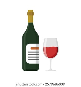 Wine bottle with glass icon in flat style. Alcohol drink vector illustration on isolated background. Champagne beverage sign business concept.