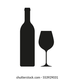 Бутылка вина с иконкой бокал вина, изолированной на белом фоне. Векторная иллюстрация.