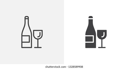 Wine bottle and glass icon. line and glyph version, outline and filled vector sign. Wineglass beverage linear and full pictogram. Symbol, logo illustration. Different style icons set