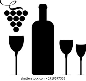 Wine bottle and glass icon and logo, simple black graphic silhouette