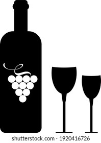 Wine bottle and glass icon and logo, simple black graphic silhouette