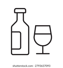 Wine bottle and glass icon representing beverage service, celebration, and dining drinks. Single icon and editable stroke. Useful for restaurant menus, bar services, event catering, nightlife, and hospitality interface design.