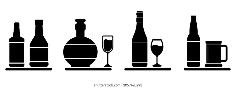 wine bottle and wine glass icon set vector sign symbol