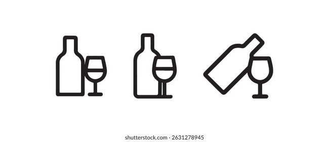 Wine bottle and glass icon set in black Vector