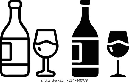 Wine Bottle and Glass Icon Set – Black and White Beverage Symbol Vector Illustration