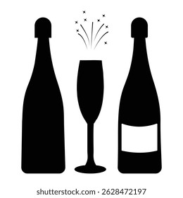 Wine bottle and glass icon, vector. Champagne bottle and glass icon vector. Silhouette of champagne bottle, glass symbol and sign. Beer, alcohol, wine bottle Vector illustration.