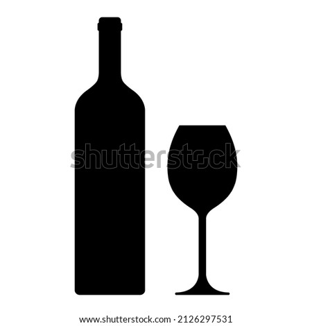 Wine bottle with wine glass icon vector. Black silhouette bottle and glass on white background. Vector 10 EPS.