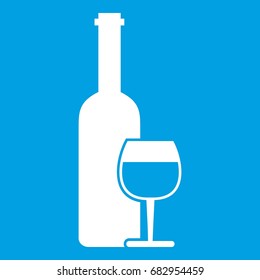 Wine bottle and glass icon white isolated on blue background vector illustration