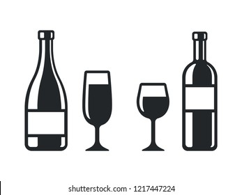 Wine bottle and glass icons. Champagne bottle and flute, and classic red wine. Simple and stylish black and white vector illustration, symbol or logo.