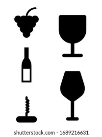 Wine bottle and glass icons set. Grape and corkscrew vector. Bordeaux alcohol set. Bar and wine sommelier menu.