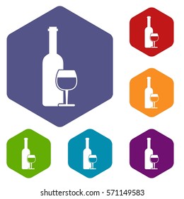 Wine bottle and glass icons set rhombus in different colors isolated on white background
